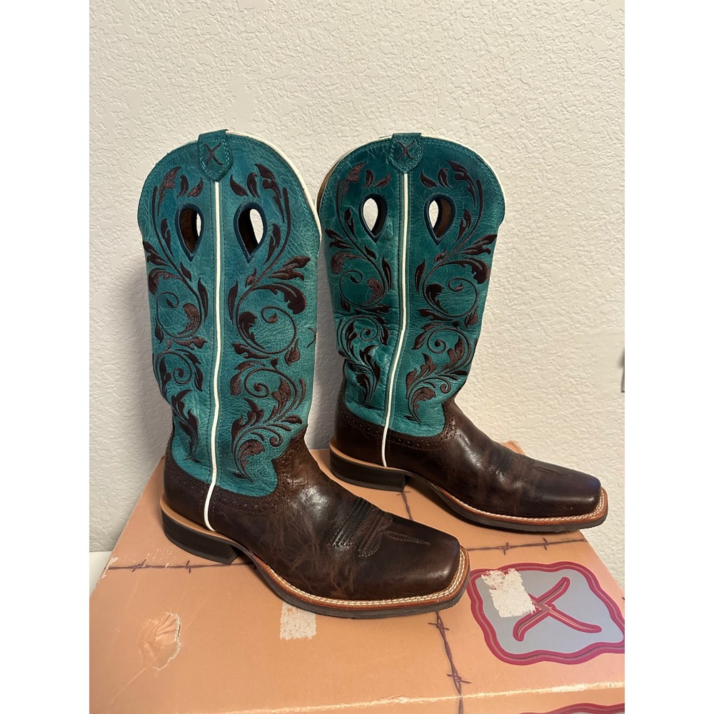 Twisted X Women's Ruff Stock Cowboy Boots Chocolate Turquoise WRS0021 Size 7 B